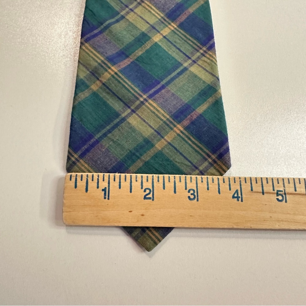 GAP Vintage Plaid Madras Tie in Green Blue and Yellow Fall Plaid Tie Preppy - Picture 9 of 10